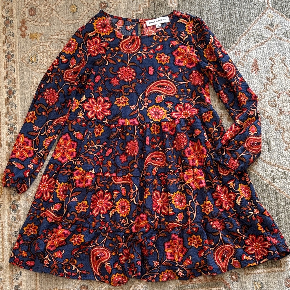 Emma & Michele Navy Floral Paisley Tiered Long-Sleeve Dress
